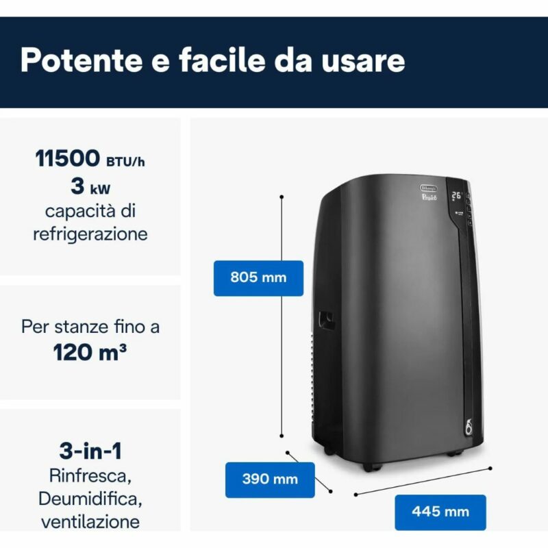 De Longhi Pinguino Condizionatore portatile 11000 Btu /h Climatizzatore Classe A Funzione Deumidificatore colore Nero - PAC EX120 SILENT - immagine 3