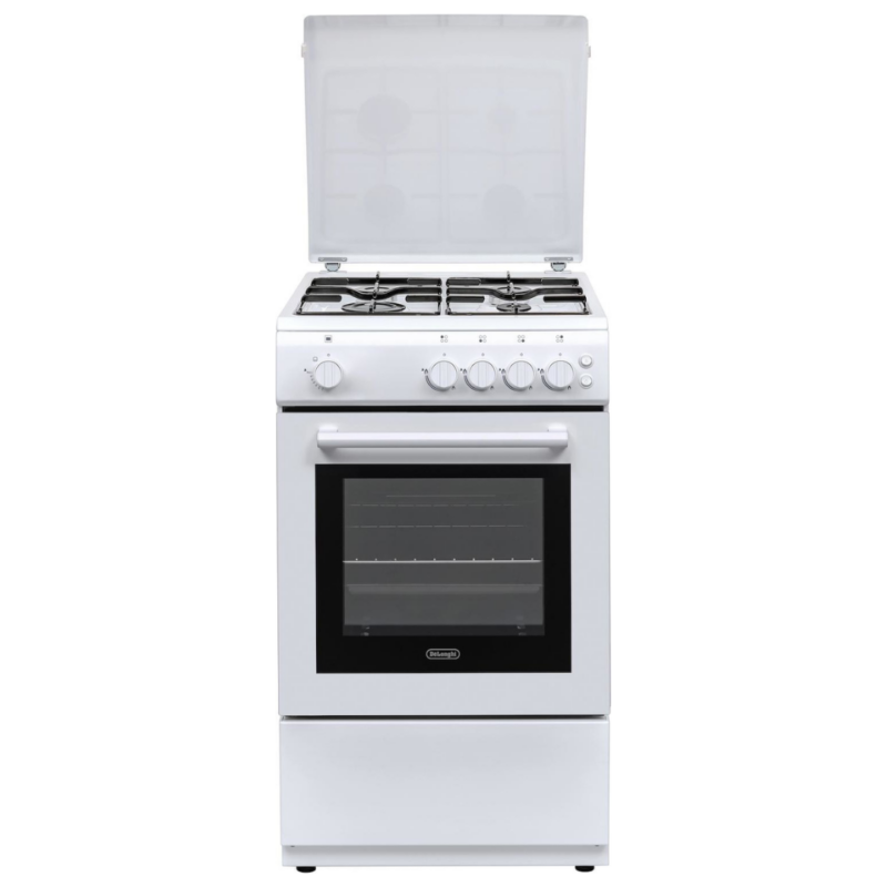 De Longhi Cucina a Gas 4 Fuochi Forno a Gas 50x50 cm con Coperchio colore Bianco - DL 554 GW