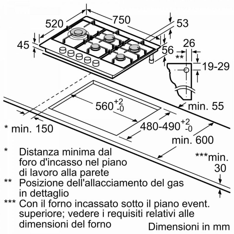 Bosch Piano Cottura 5 Fuochi a Gas Larghezza 75 cm (1 Bruciatore Wok) in Acciaio Inox colore Inox - PCS7A5I90 Serie 6 - immagine 7