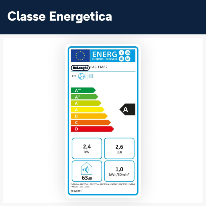 DE LONGHI PAC EM82K Condizionatore Portatile 9400 BTU/h 63 dB Bianco - immagine 3