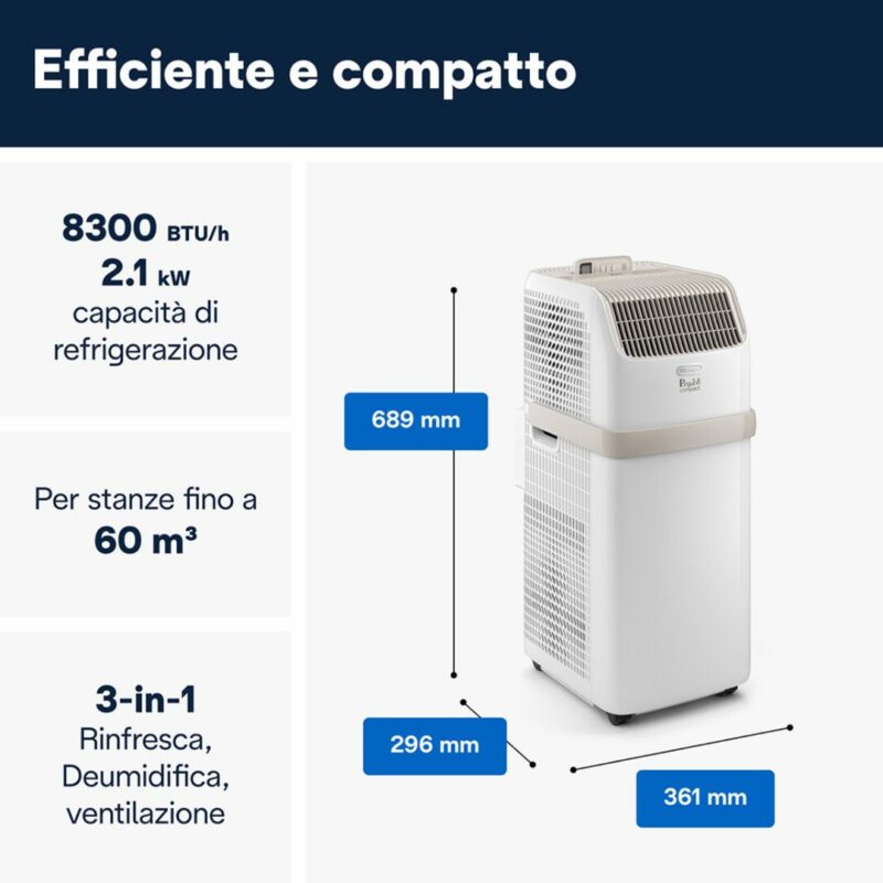 De Longhi Pinguino Condizionatore Portatile 8300 Btu/h Climatizzatore Classe A Funzione Deumidificatore Timer - PAC ES72 - immagine 4