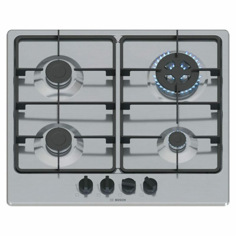 Bosch Piano Cottura 4 Fuochi a Gas Larghezza 60 cm (1 Bruciatore Wok) in Acciaio Inox colore Inox - PGH6B5K60 Serie 4