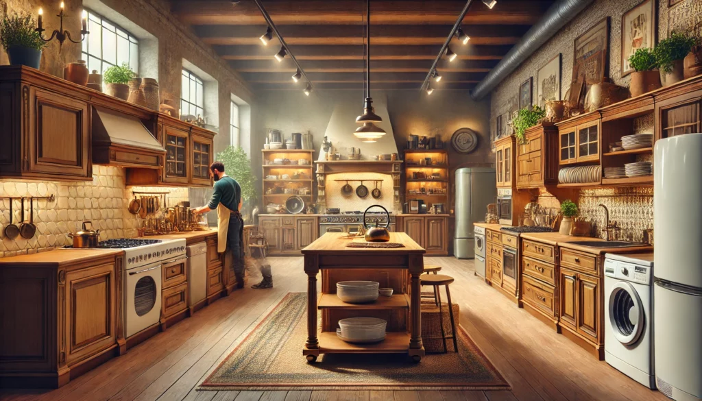 DALL·E 2025-07-07 13.17.45 - A wide-format image representing the concept of buying second-hand kitchens in Verona, Italy. The scene features a well-lit kitchen showroom with a va