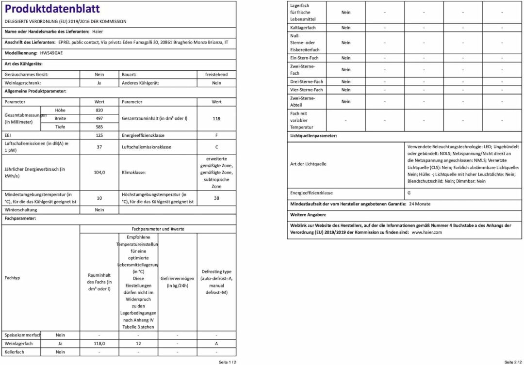 Haier cantinetta vini  da 49 bottiglie hws49gae [Classe di efficienza energetica F] - immagine 2