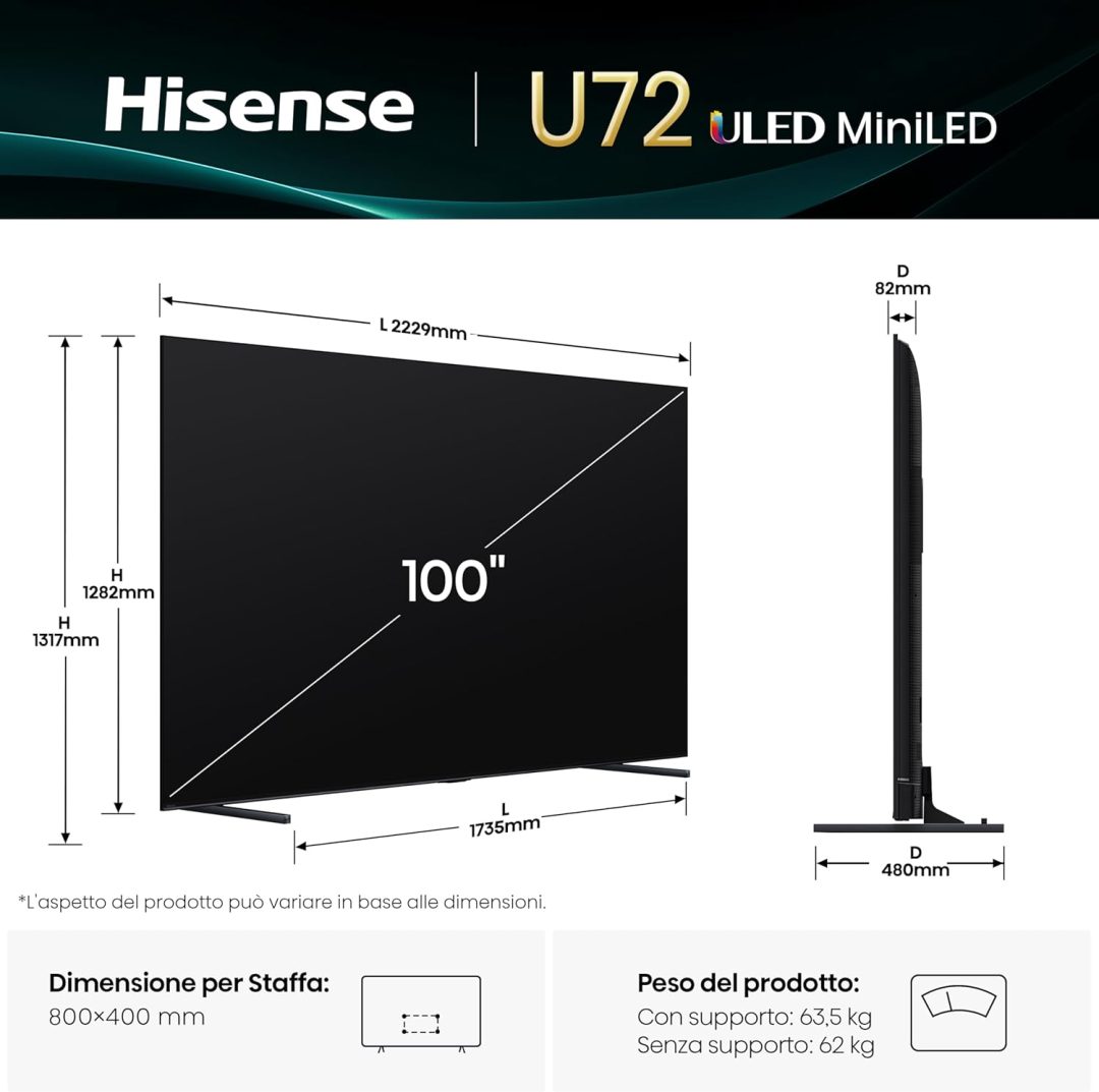 Hisense 100U7Q 2,54 m (100") 4K Ultra HD Smart TV Wi-Fi Nero - immagine 5