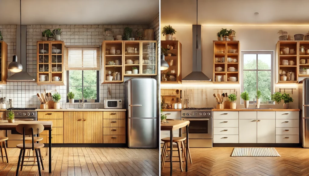 DALL·E 2025-08-06 12.06.22 - A bright, stylish kitchen with used but well-maintained wooden cabinets, stainless steel appliances, and modern lighting. The kitchen features a clean