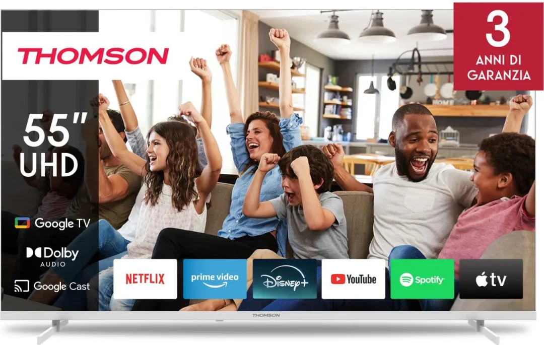 Thomson Smart TV 55 Pollici 4K Ultra HD Display LED Sistema Google TV Dolby Audio Classe E colore Bianco - 55UG4S14W