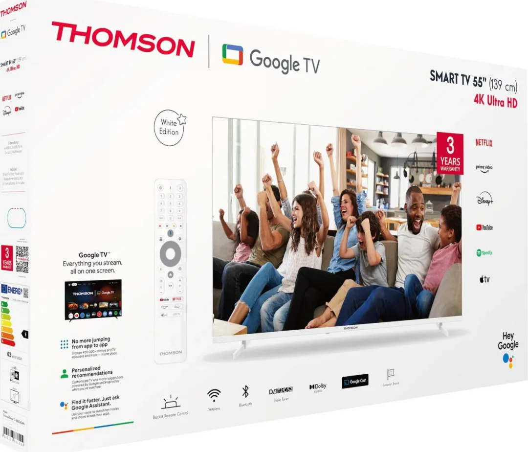 Thomson Smart TV 55 Pollici 4K Ultra HD Display LED Sistema Google TV Dolby Audio Classe E colore Bianco - 55UG4S14W - immagine 3