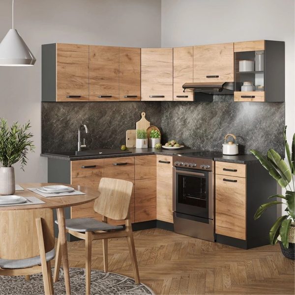 Cucina ad angolo Rick Quercia/Antracite 167×187 cm con forno piano cottura e cappa – SERVIZI COTFASA