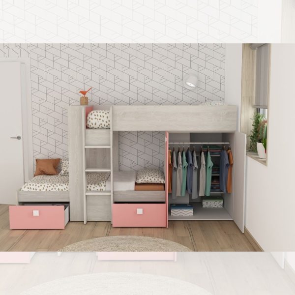 Cameretta 1267 con letto a castello con due cassettoni e armadio reversibile colore bianco consumato e rosa flamingo