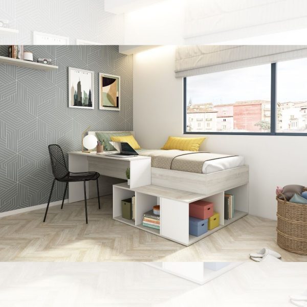 Cameretta 6040 con letto singolo e scrivania reversibile colore bianco consumato e bianco