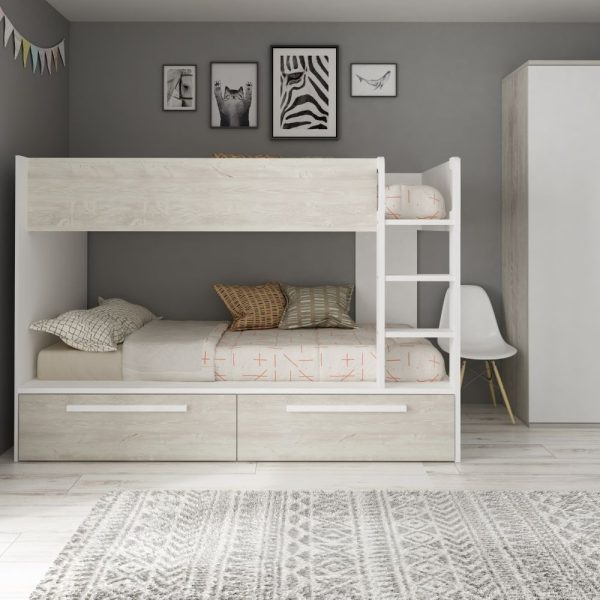 Cameretta con letto a castello con cassettoni colore bianco consumato e bianco reversibile