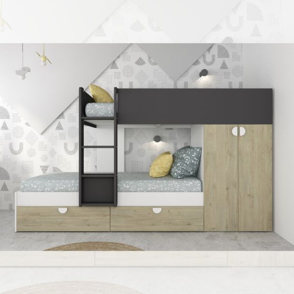 Cameretta con letto a castello con cassettoni e armadio reversibile colore rovere e antracite