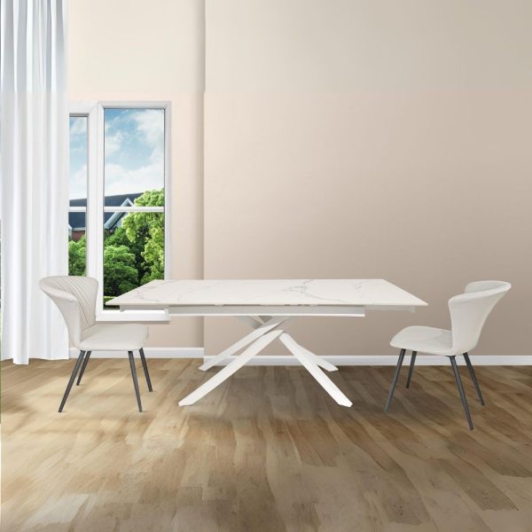 Tavolo allungabile Nefti con top in ceramica colore bianco statuario lucido con gambe bianche