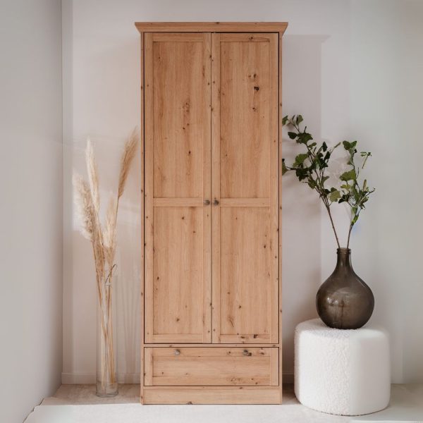 Armadio Timber 40A con 2 ante e 1 cassetto in rovere anticato con pomelli in metallo