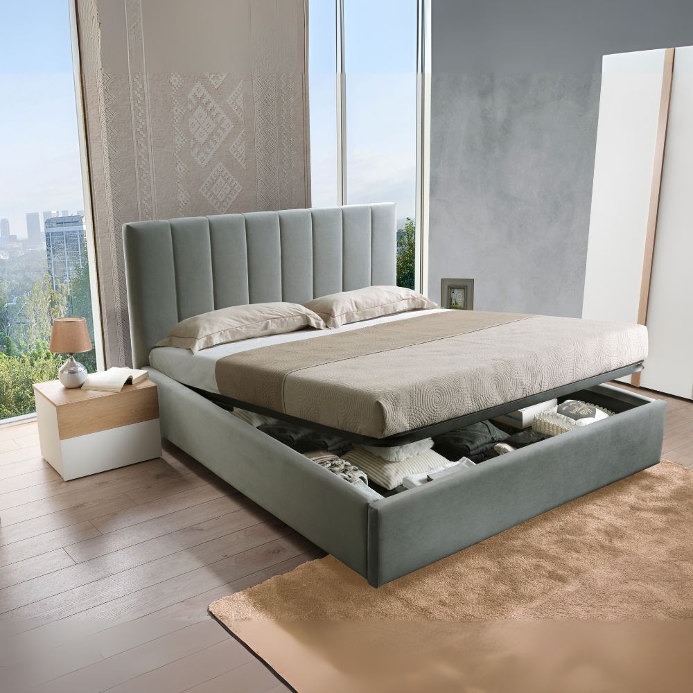 Camera da letto Amor con armadio 6 ante con specchio e letto imbottito con contenitore colore bianco e dettagli rovere - immagine 2