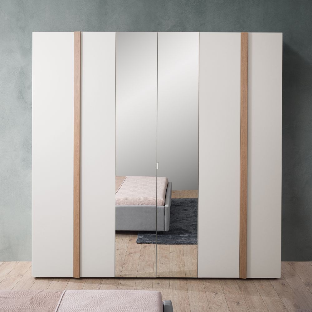 Camera da letto Amor con armadio 6 ante con specchio e letto imbottito con contenitore colore bianco e dettagli rovere - immagine 3