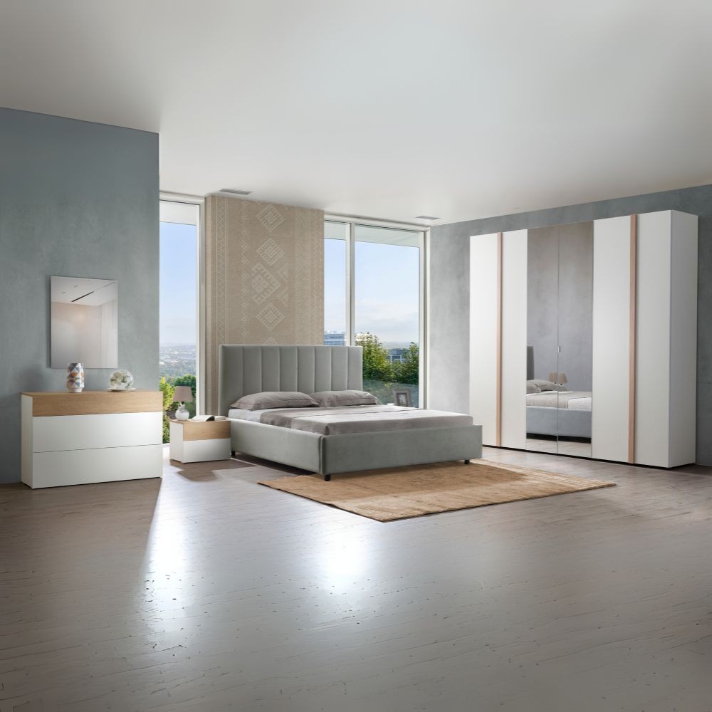 Camera da letto Amor con armadio 6 ante con specchio e letto imbottito con contenitore colore bianco e dettagli rovere