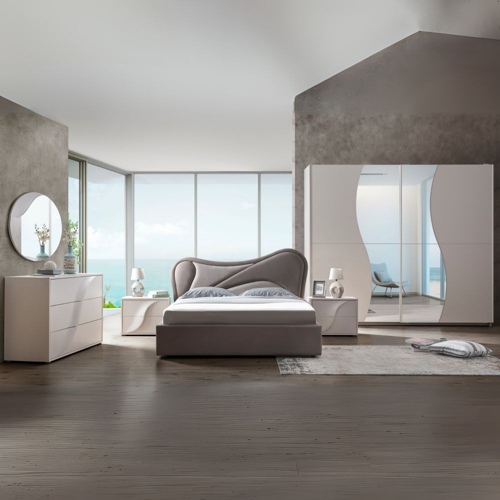 Camera da letto Blegina colore cashmere con armadio 2 ante scorrevoli e letto matrimoniale imbottito