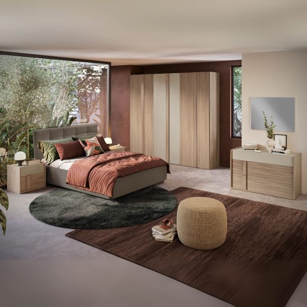 Camera da letto Faba con armadio 6 ante battenti noce e talco e letto contenitore imbottito Napoli tortora