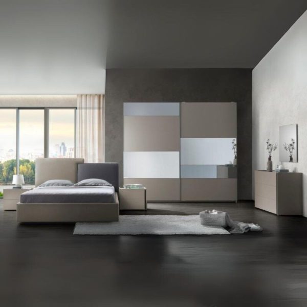 Camera da letto Liana colore canapa con letto contenitore e testiera grigio tortora