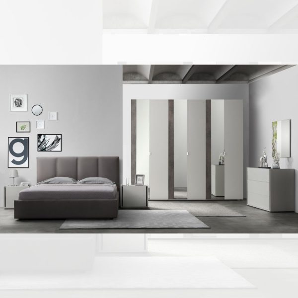 Camera da letto Mirelle colore grigio perla e ossido grigio scuro con armadio 6 ante a specchi e letto contenitore