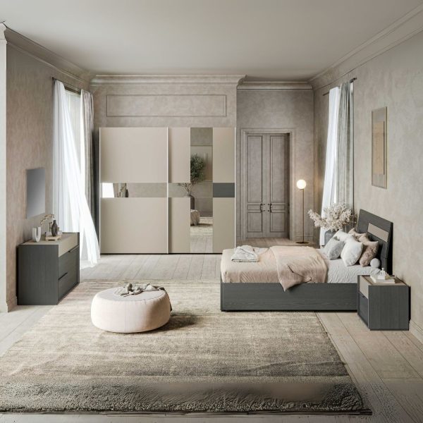 Camera da letto Tania con armadio 2 ante scorrevoli con specchi e letto contenitore in legno in colori grigio e talco