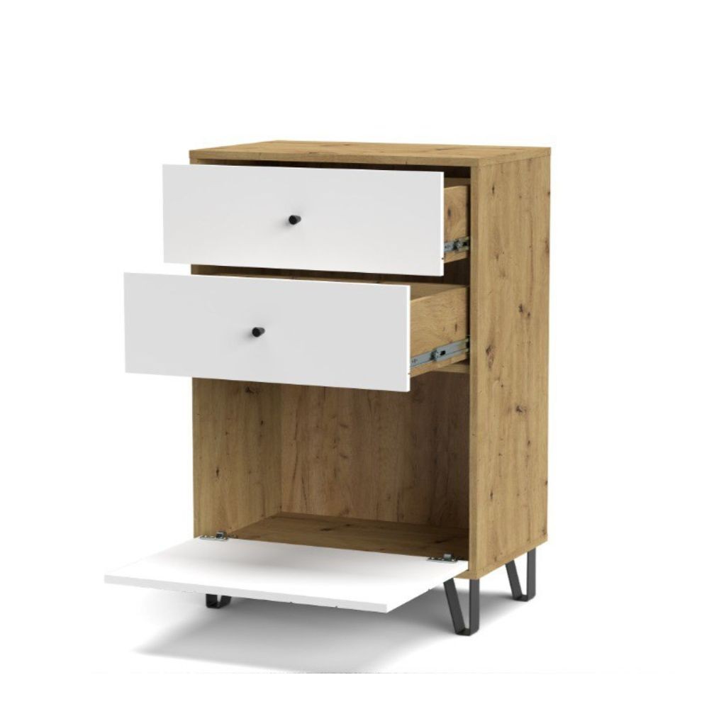 Cassettiera Bollo BO18 2 cassetti e un cassetto con anta a ribalta con dettaglio geometrico colore rovere artisan e bianco - immagine 5