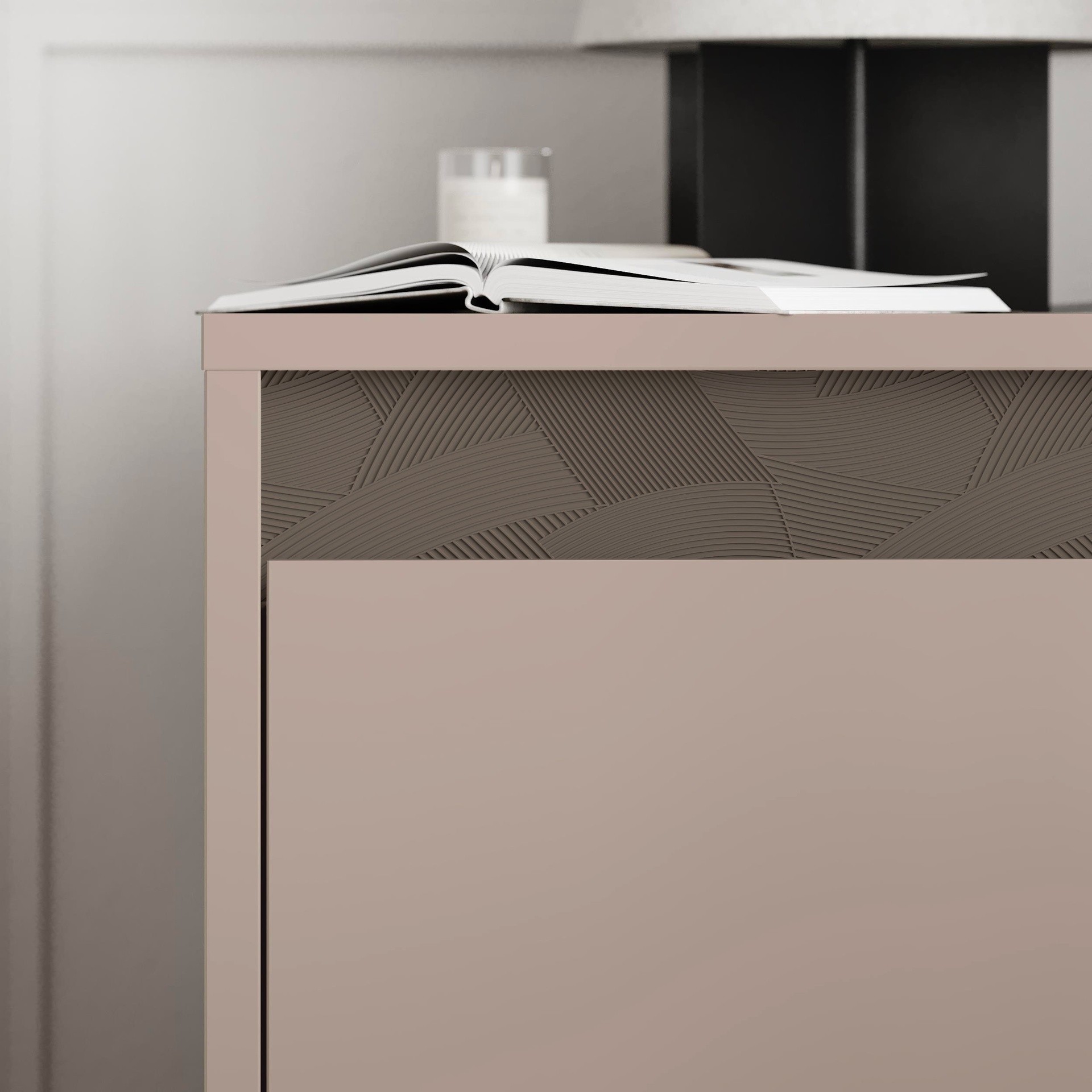 Comodino Mott con cassetto tortora e dark coffee con dettaglio decorativo - immagine 2