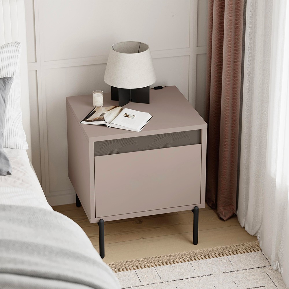 Comodino Mott con cassetto tortora e dark coffee con dettaglio decorativo - immagine 3