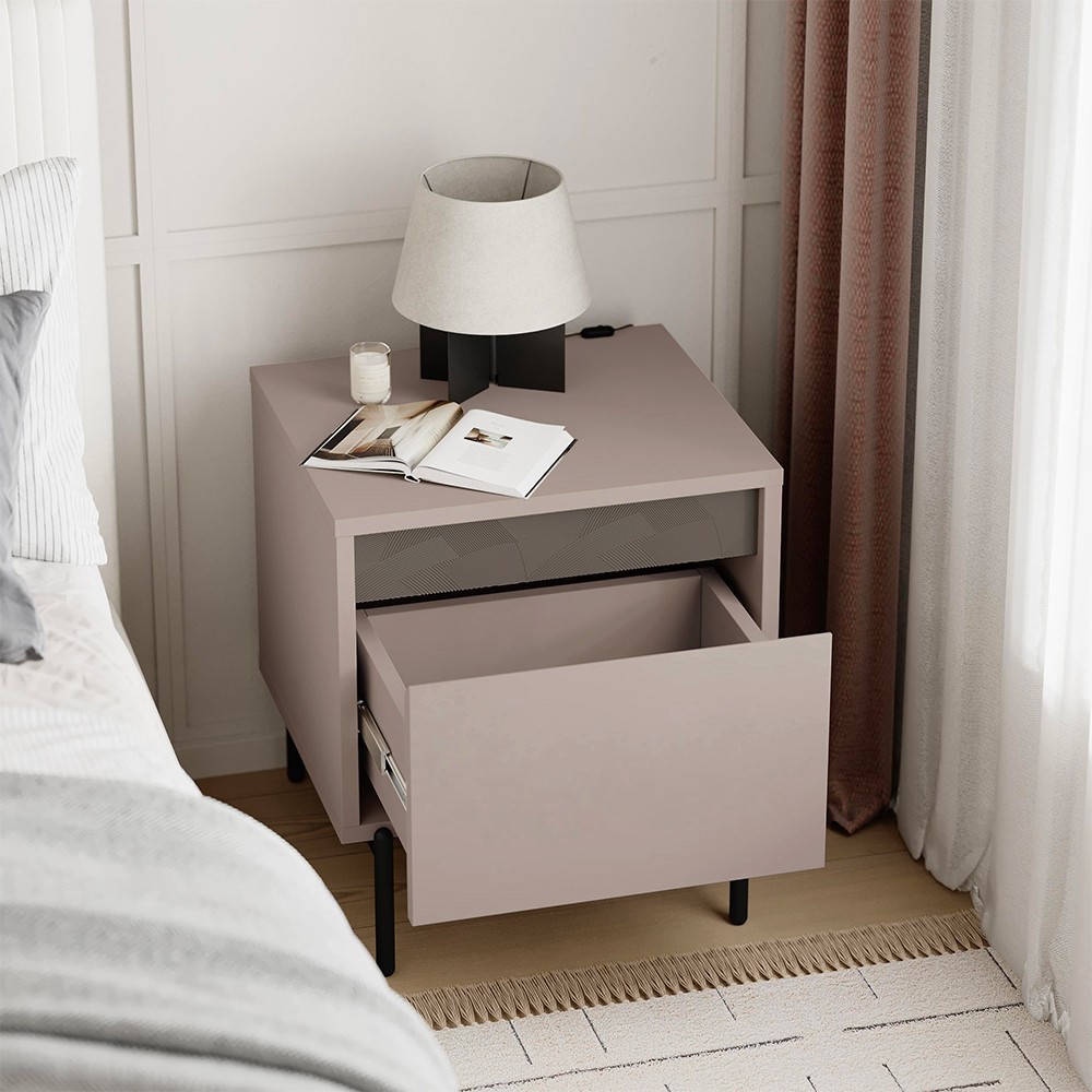 Comodino Mott con cassetto tortora e dark coffee con dettaglio decorativo - immagine 4