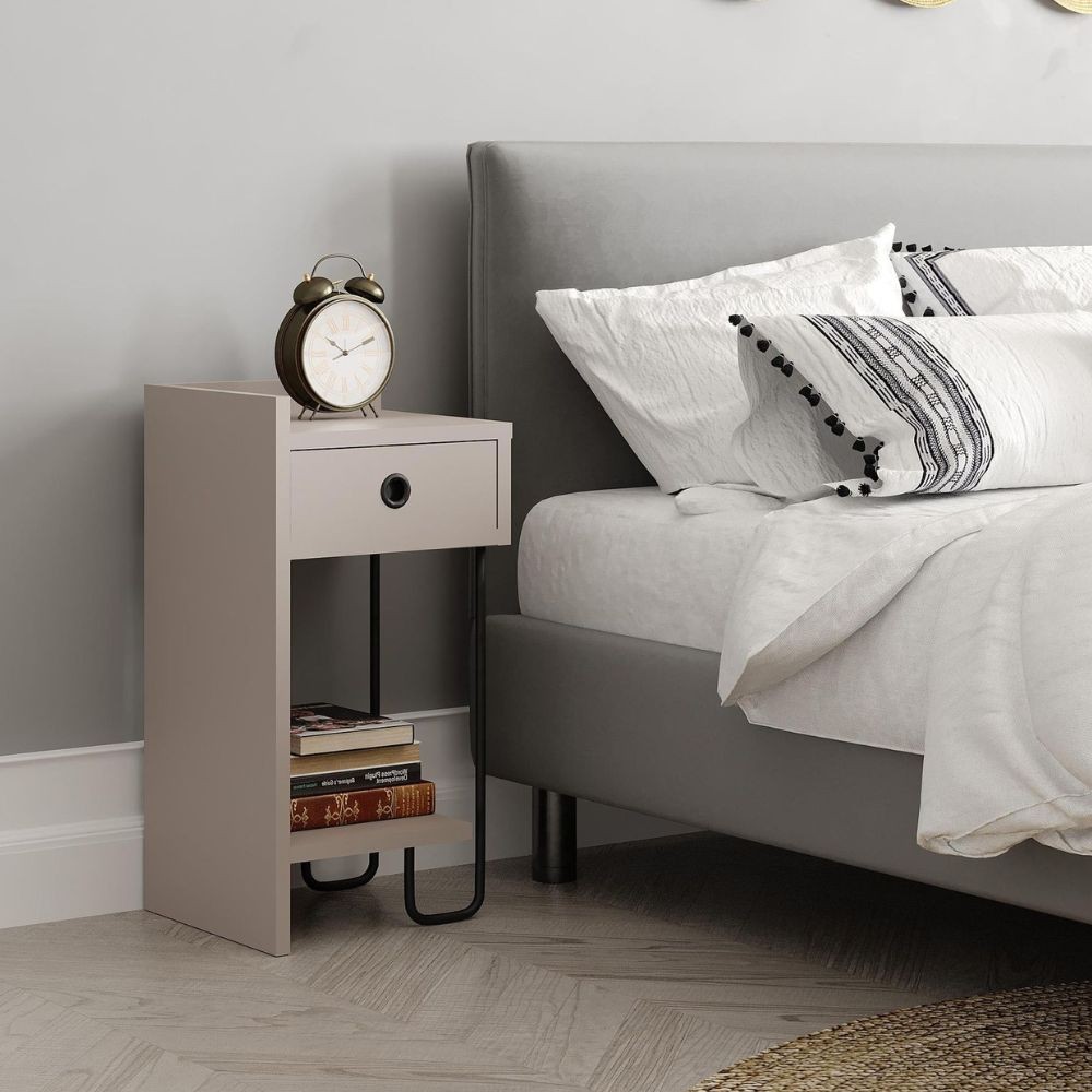 Comodino Sirius con cassetto colore tortora e gamba in metallo nero sinistro - immagine 2