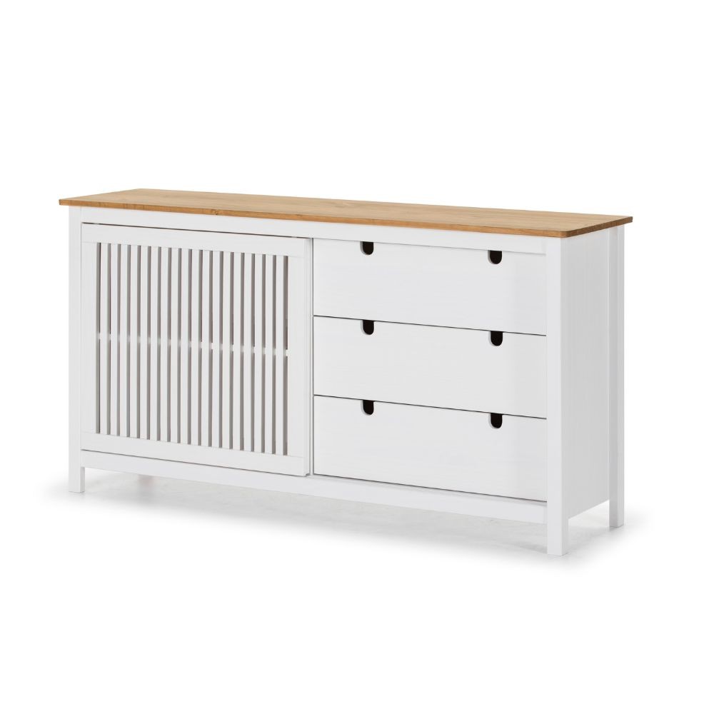 Credenza Bruna con 1 anta scorrevole e 3 cassetti in legno massiccio colore bianco e top pino - immagine 2