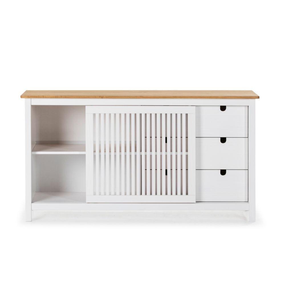 Credenza Bruna con 1 anta scorrevole e 3 cassetti in legno massiccio colore bianco e top pino - immagine 3