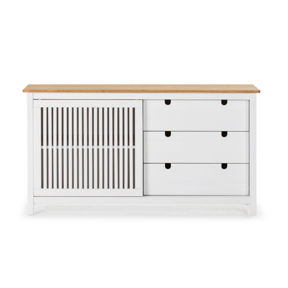Credenza Bruna con 1 anta scorrevole e 3 cassetti in legno massiccio colore bianco e top pino - immagine 4