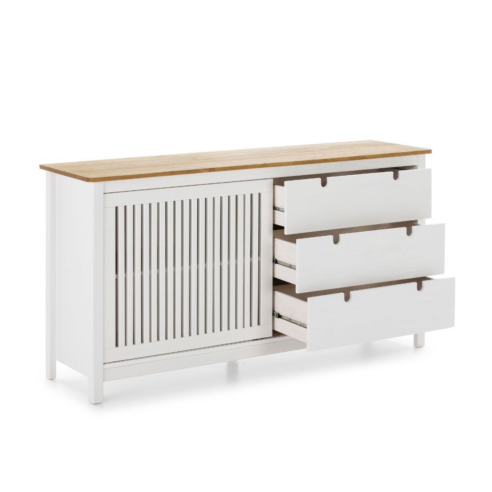 Credenza Bruna con 1 anta scorrevole e 3 cassetti in legno massiccio colore bianco e top pino - immagine 6