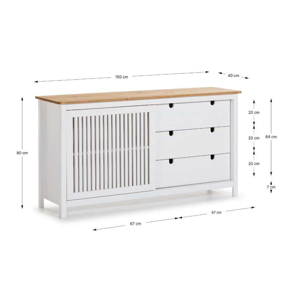 Credenza Bruna con 1 anta scorrevole e 3 cassetti in legno massiccio colore bianco e top pino - immagine 8
