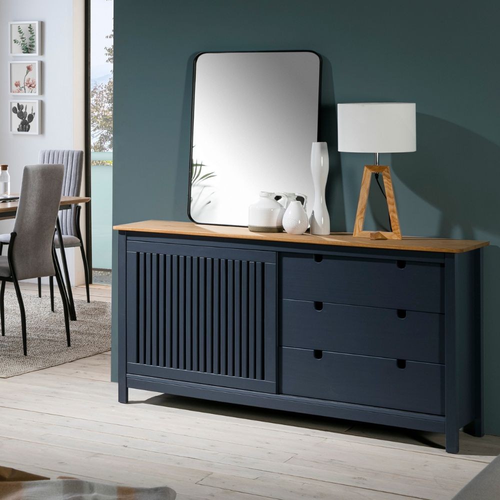 Credenza Bruna con 1 anta scorrevole e 3 cassetti  in legno massiccio colore grigio antracite e top pino - immagine 2