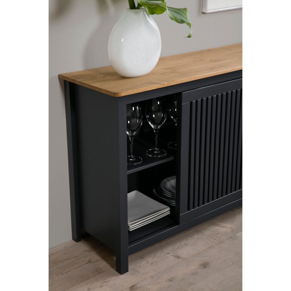 Credenza Bruna con 1 anta scorrevole e 3 cassetti  in legno massiccio colore grigio antracite e top pino - immagine 4