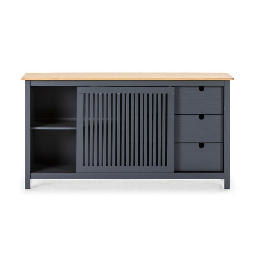 Credenza Bruna con 1 anta scorrevole e 3 cassetti  in legno massiccio colore grigio antracite e top pino - immagine 5