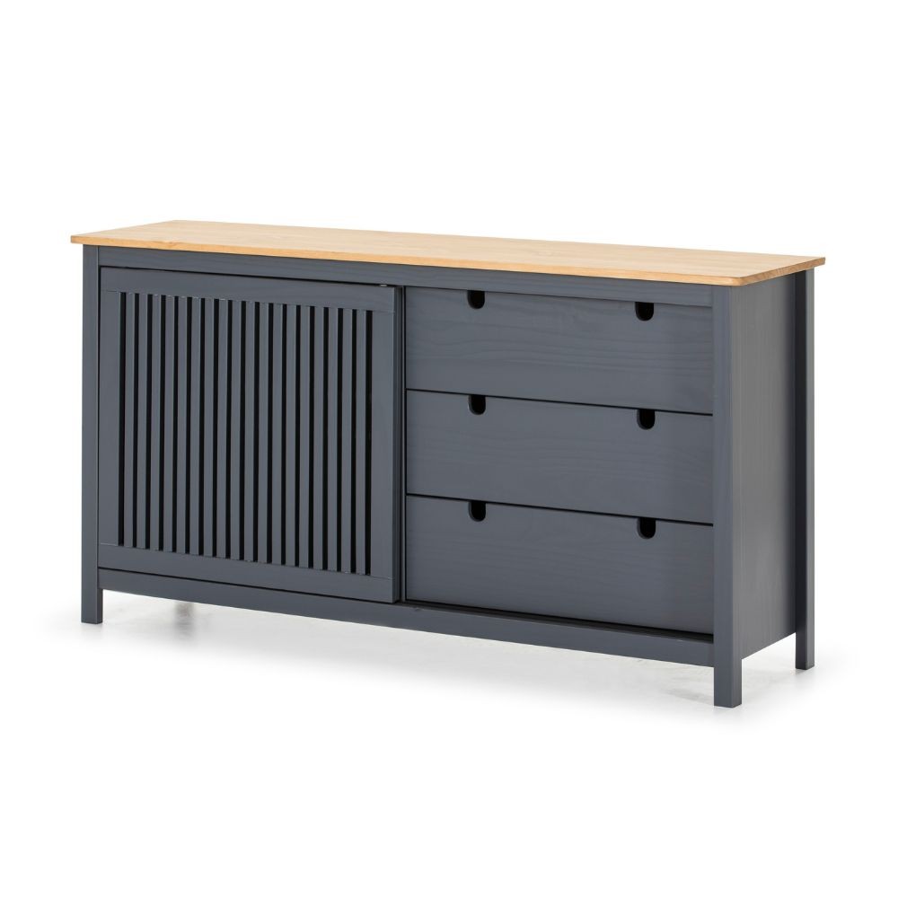 Credenza Bruna con 1 anta scorrevole e 3 cassetti  in legno massiccio colore grigio antracite e top pino - immagine 6