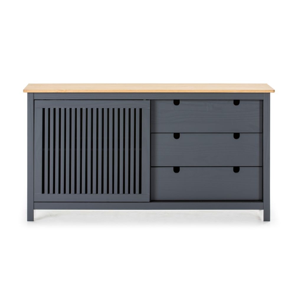 Credenza Bruna con 1 anta scorrevole e 3 cassetti  in legno massiccio colore grigio antracite e top pino - immagine 7