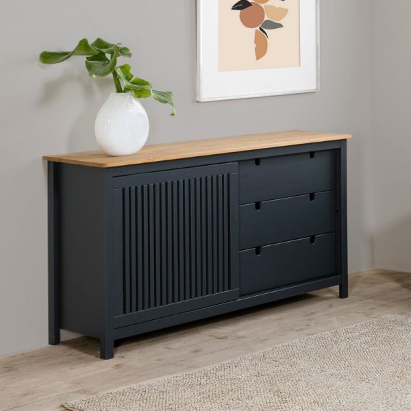 Credenza Bruna con 1 anta scorrevole e 3 cassetti  in legno massiccio colore grigio antracite e top pino
