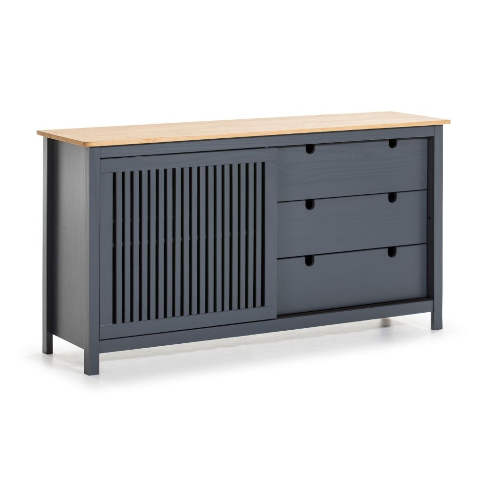 Credenza Bruna con 1 anta scorrevole e 3 cassetti  in legno massiccio colore grigio antracite e top pino - immagine 8