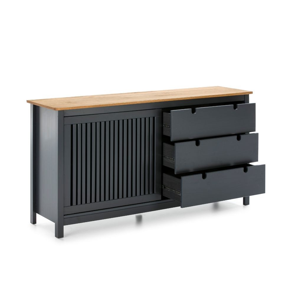 Credenza Bruna con 1 anta scorrevole e 3 cassetti  in legno massiccio colore grigio antracite e top pino - immagine 9