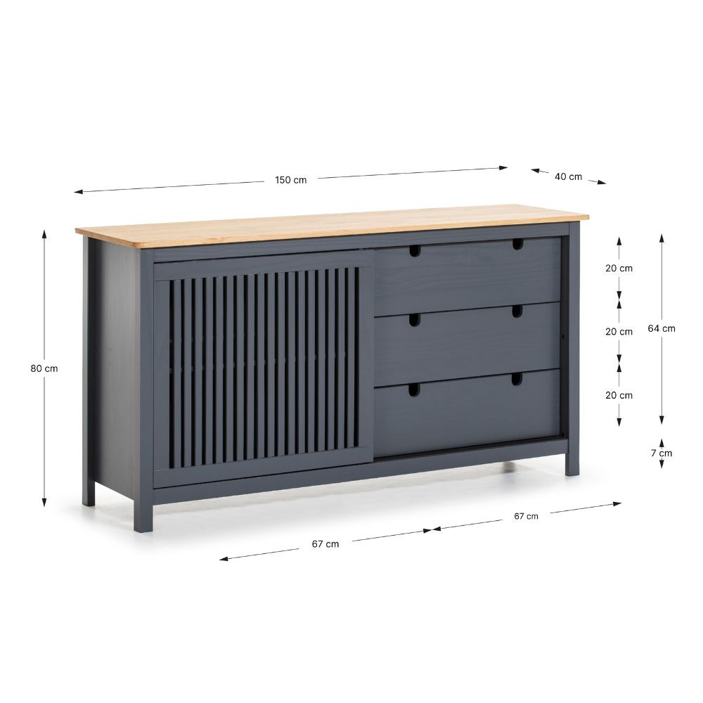Credenza Bruna con 1 anta scorrevole e 3 cassetti  in legno massiccio colore grigio antracite e top pino - immagine 10