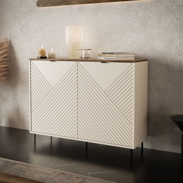 Credenza Mirage01 con 2 ante cashmere con motivo geometrico e top rovere