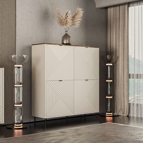 Credenza Mirage02 con 4 ante con motivo geometrico cashmere e top rovere