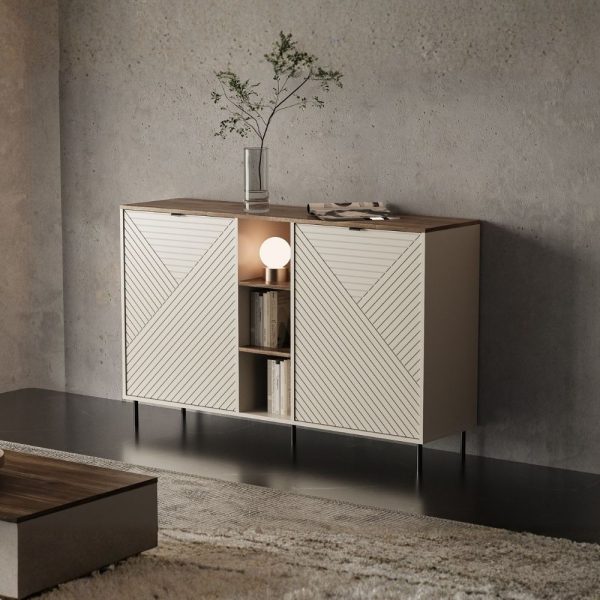 Credenza Mirage08 con 2 ante con motivo geometrico e ripiani a giorno colore cashmere e rovere