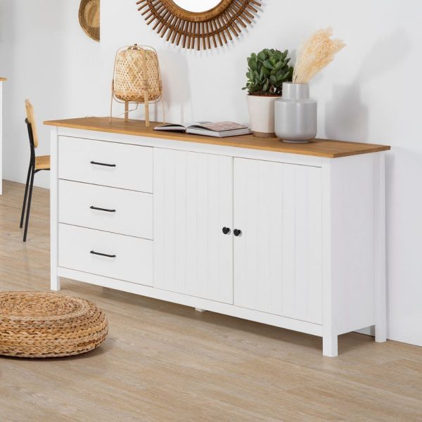 Credenza Miranda con 2 ante e 3 cassetti in legno massiccio bianco con top pino